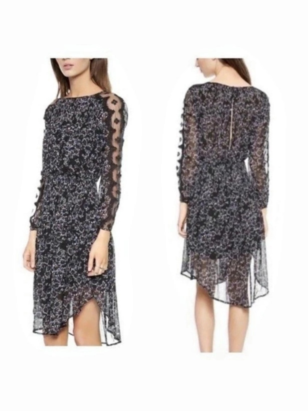 EUC Free People Open Waters Black & Purple Floral Boho Charlotte Dress Small / M